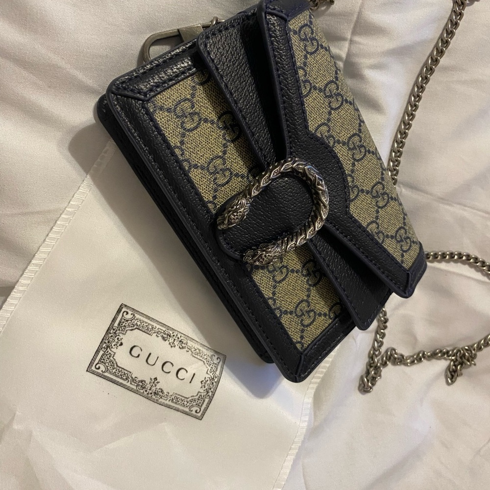 Fashion- Beige Blue Mono Dionysus Super Mini Italian Leather Shoulder/Crossbody